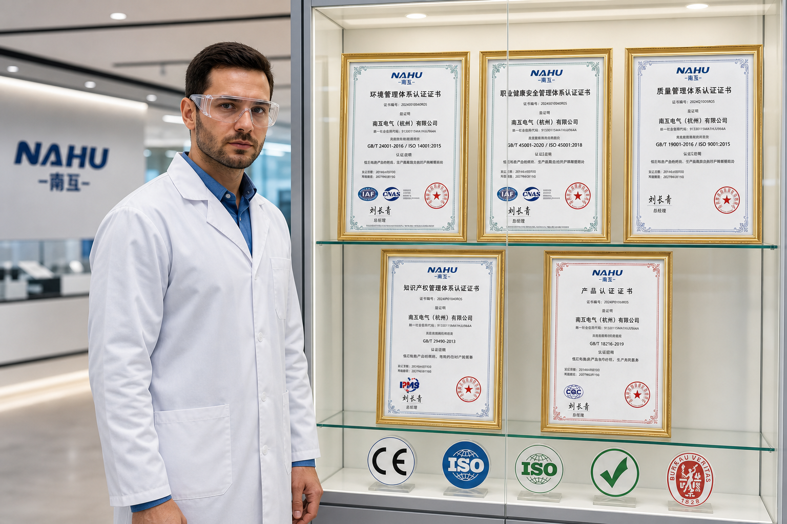 NAHU engineer standing beside a display cabinet of NAHU certificates