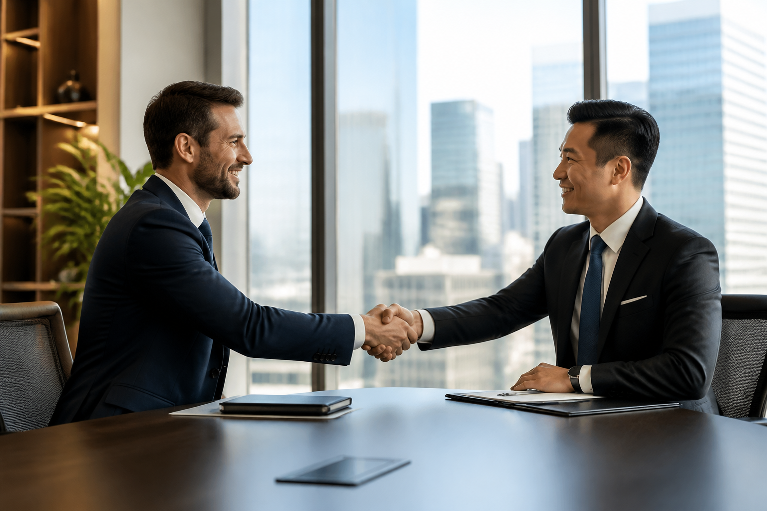 Two business partners shaking hands in a modern office