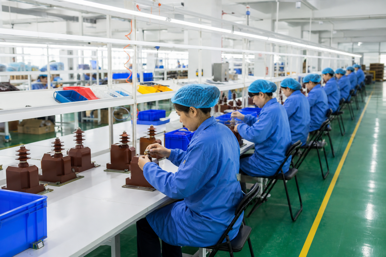 Assembly line workers building instrument transformers in the factory