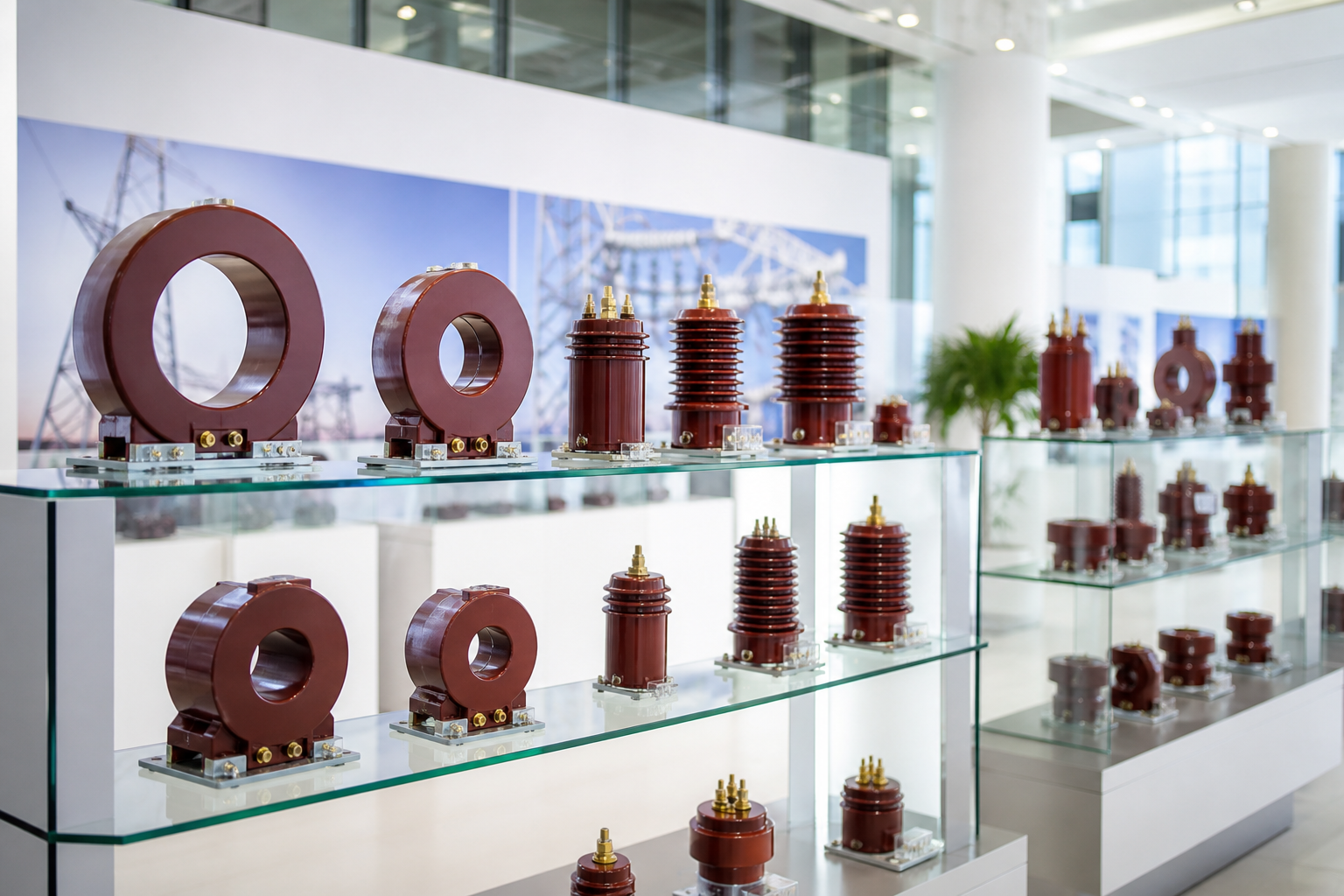 Glass display shelves filled with epoxy resin instrument transformers