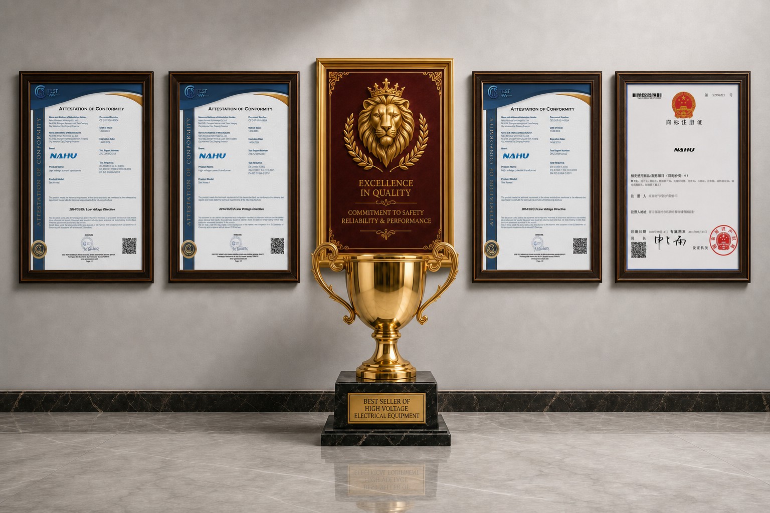 NAHU certificates: CE attestations of conformity for current and voltage transformers, NAHU trademark registration and chamber of commerce plaque