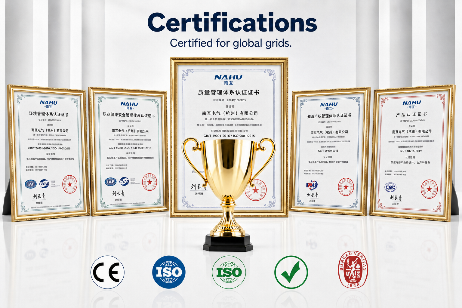 Real NAHU certificates with logo and signature, gold trophy and certification marks