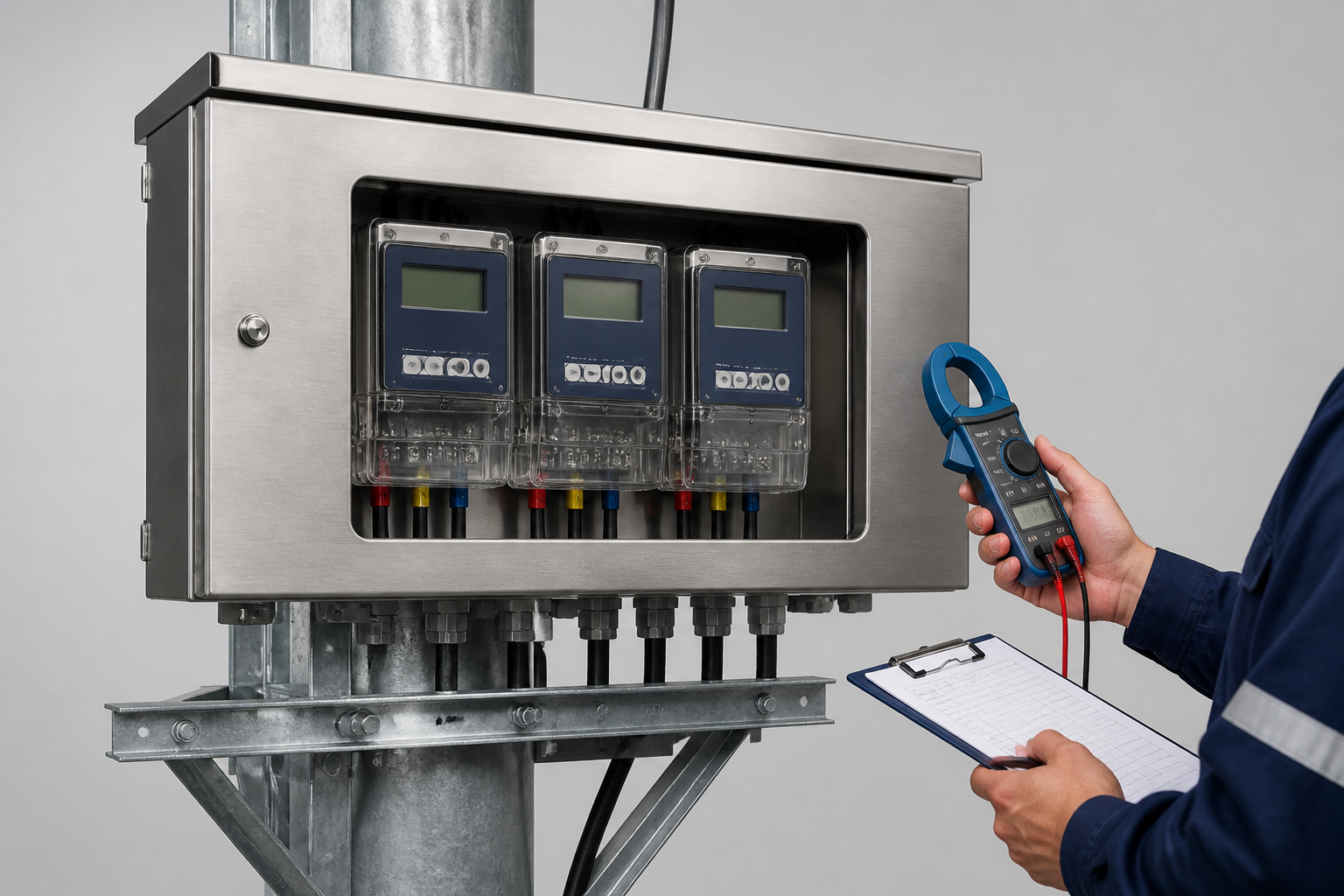 High-voltage metering box on a pole platform with a measuring engineer checking sizing