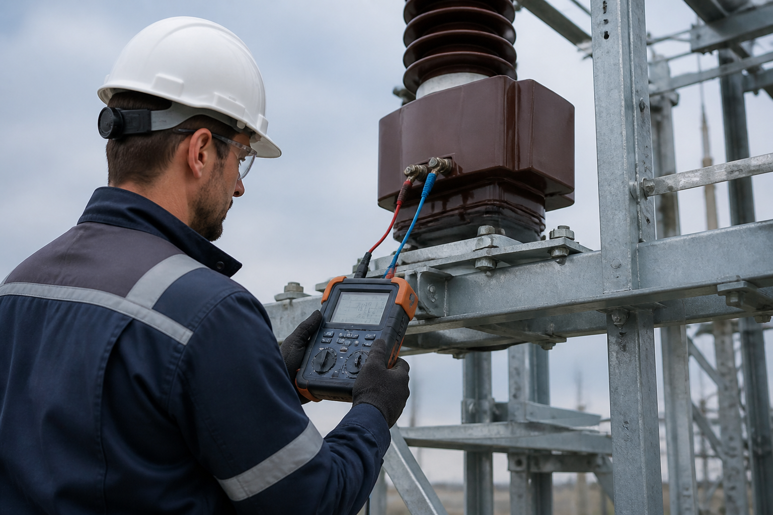 Field engineer testing an outdoor current transformer