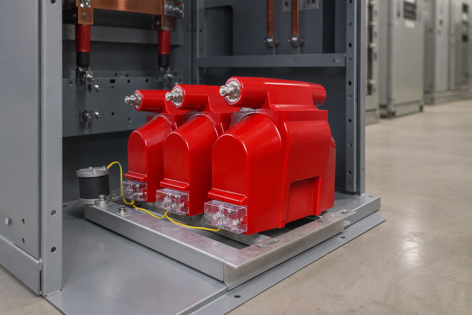 Three-phase cast-resin voltage transformer installed inside a medium-voltage switchgear compartment in an industrial switchroom