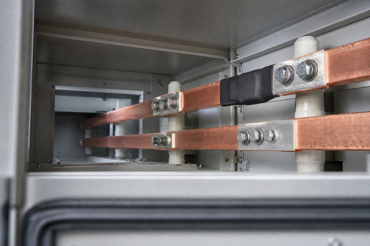 Copper busbars with plated bolted joints and insulating supports inside an MV switchgear cabinet