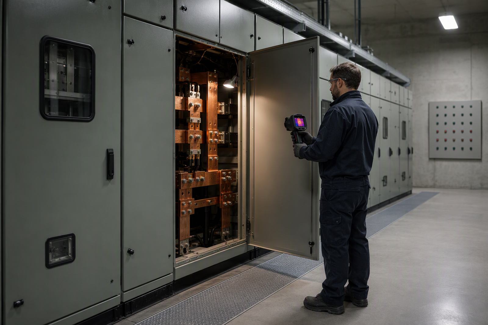 Technician using a handheld thermal imaging camera at an open metal-enclosed switchgear panel, with copper busbars and bolted joints visible inside