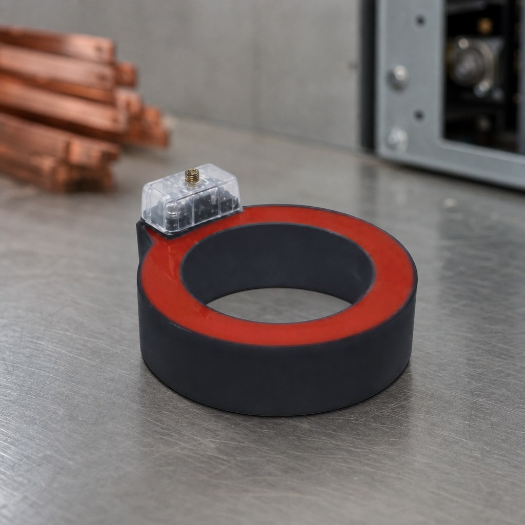 Bushing-type window current transformer with a red epoxy face resting on a steel assembly bench in a switchgear workshop