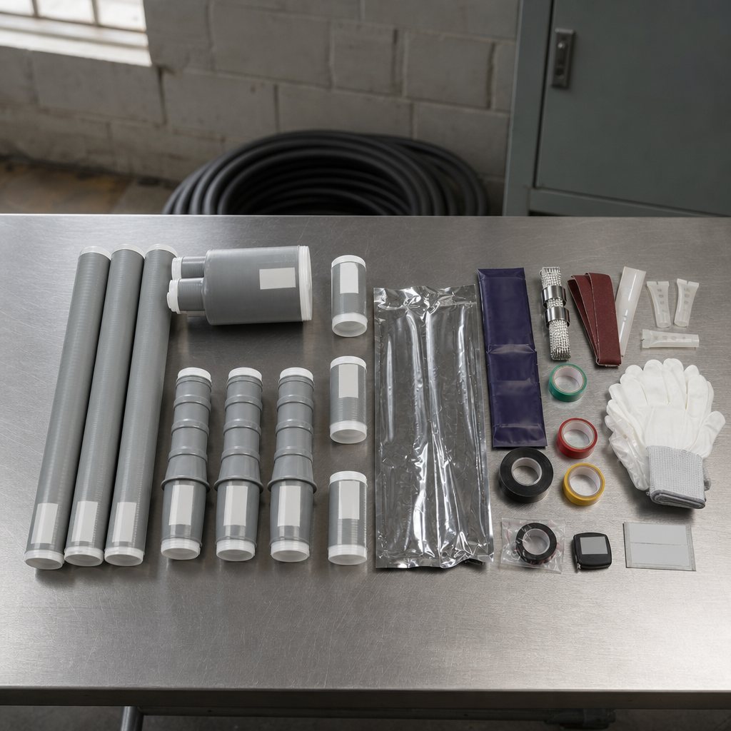 Cold-shrink cable jointing kit components arranged on a steel workbench in a cable jointing workshop