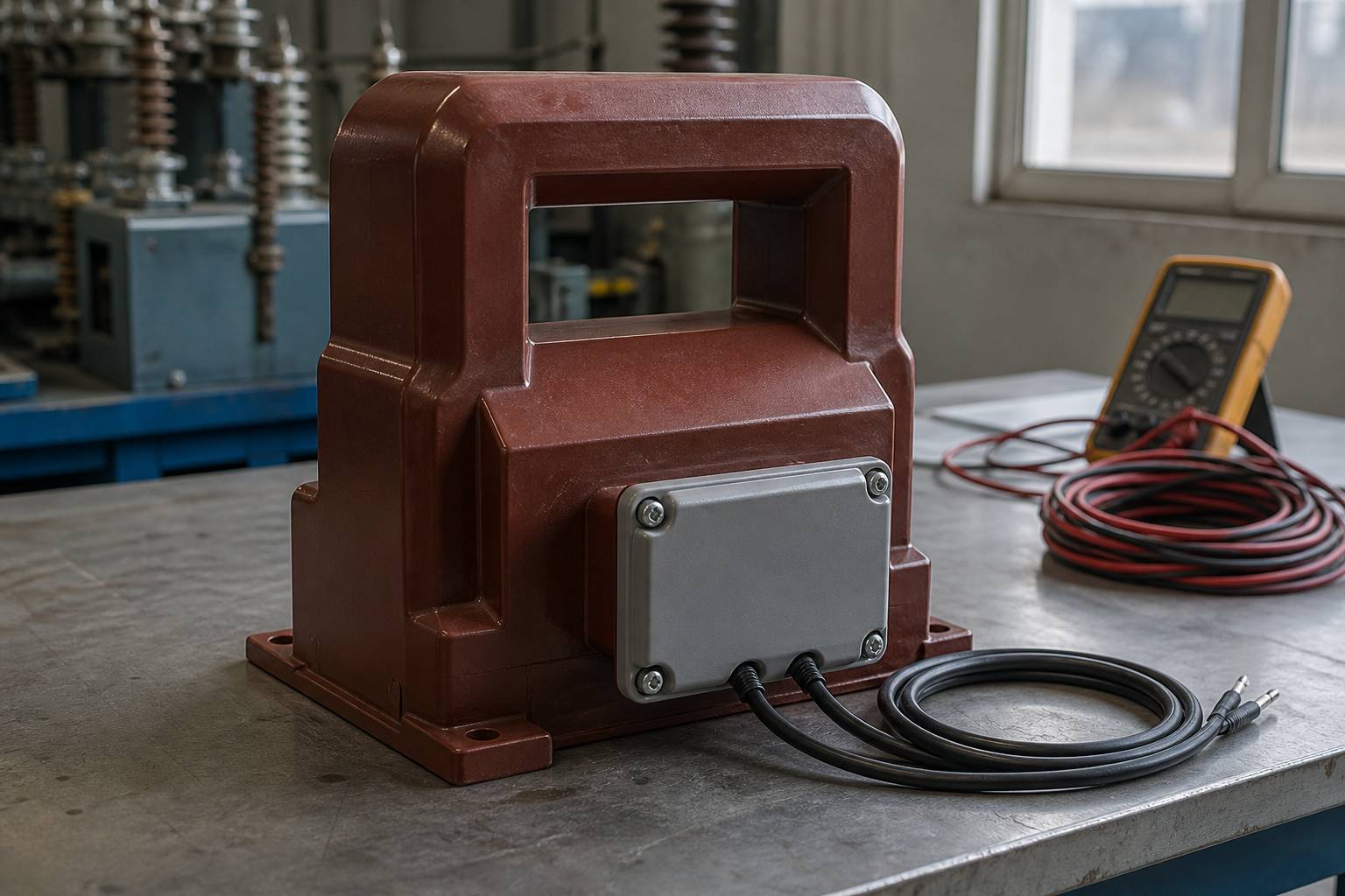 Protection current transformer with cast-resin body and secondary terminal box on a workshop bench