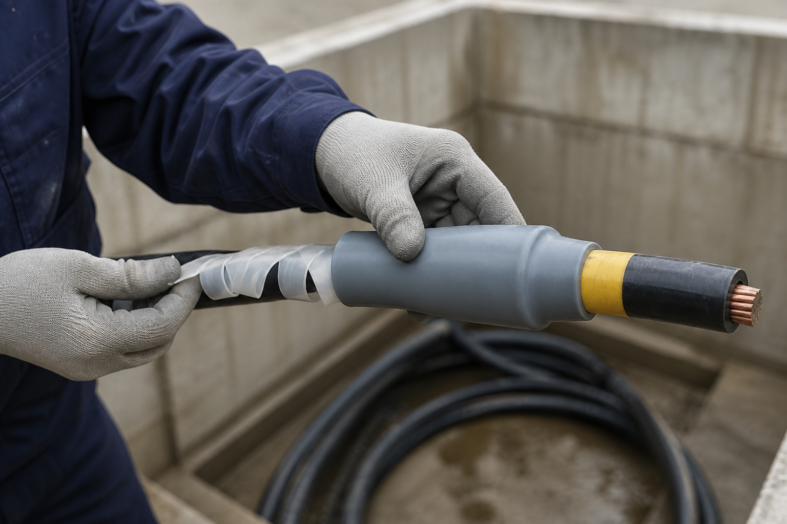 Technician installing a cold-shrink cable termination