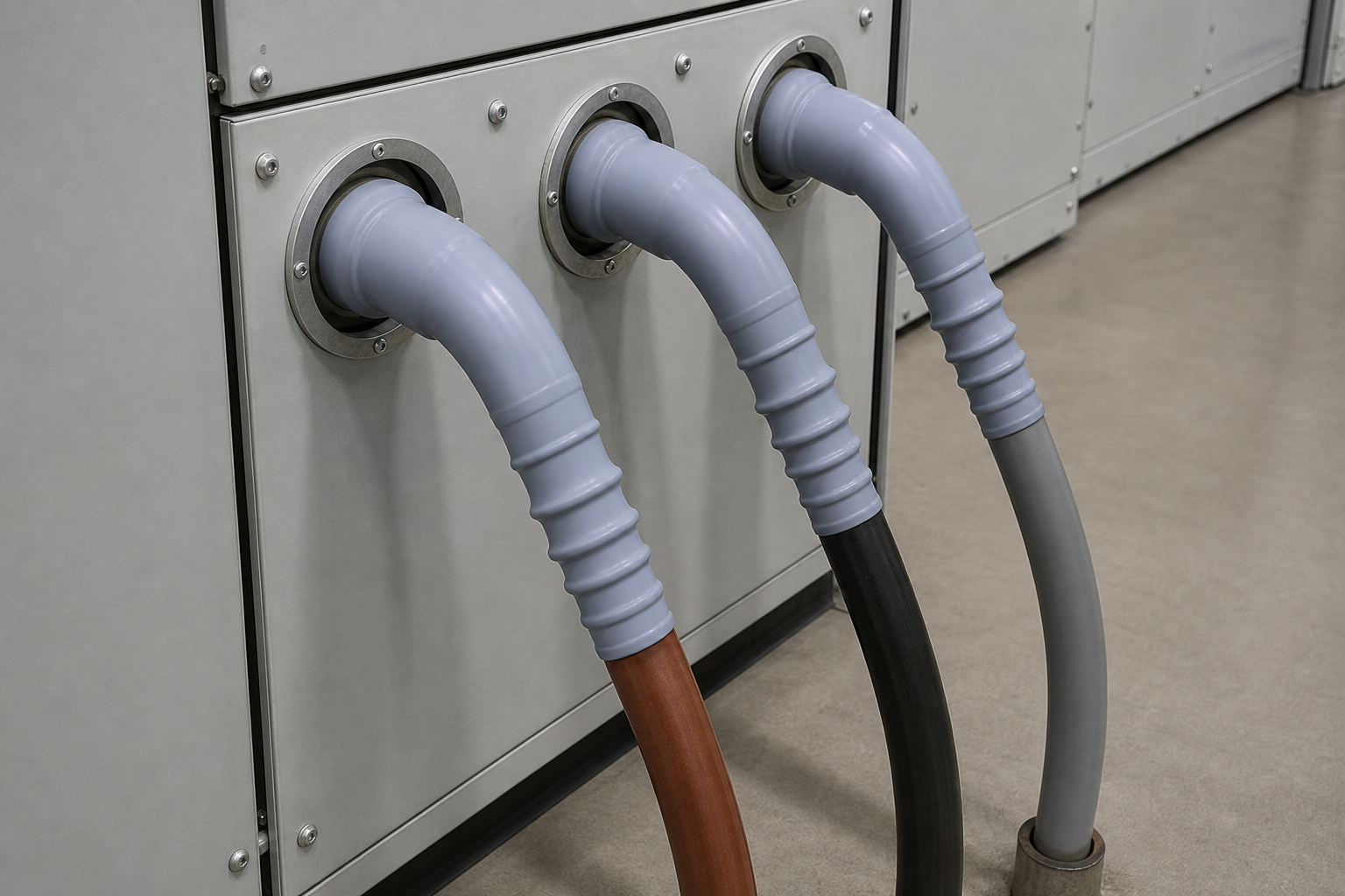finished medium-voltage cable terminations in a switchgear panel