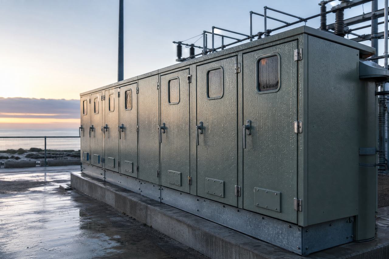 Row of outdoor metal-enclosed MV switchgear cabinets with condensation beading on the painted steel at a coastal substation