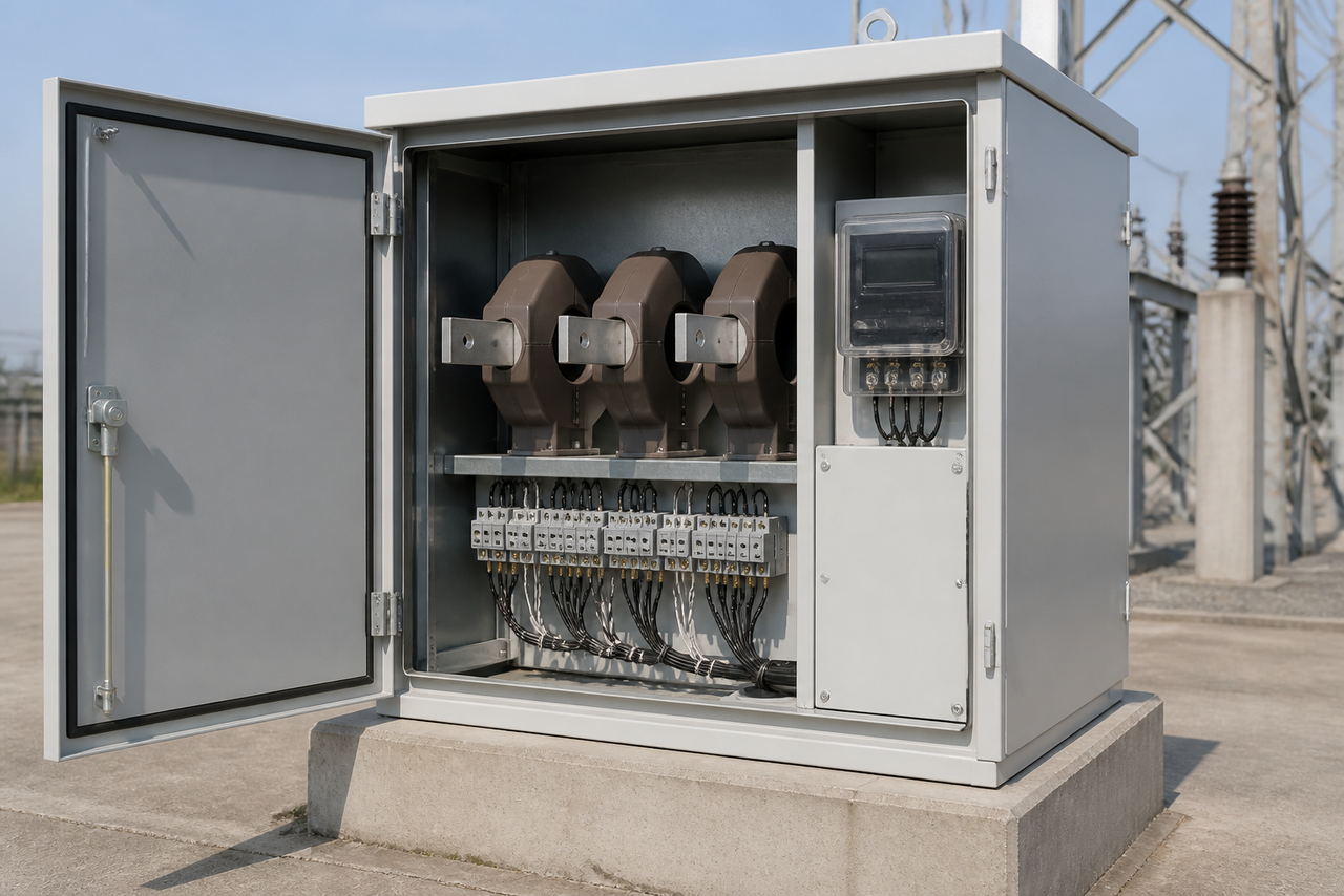 CT metering box with the door open showing current transformers and meter