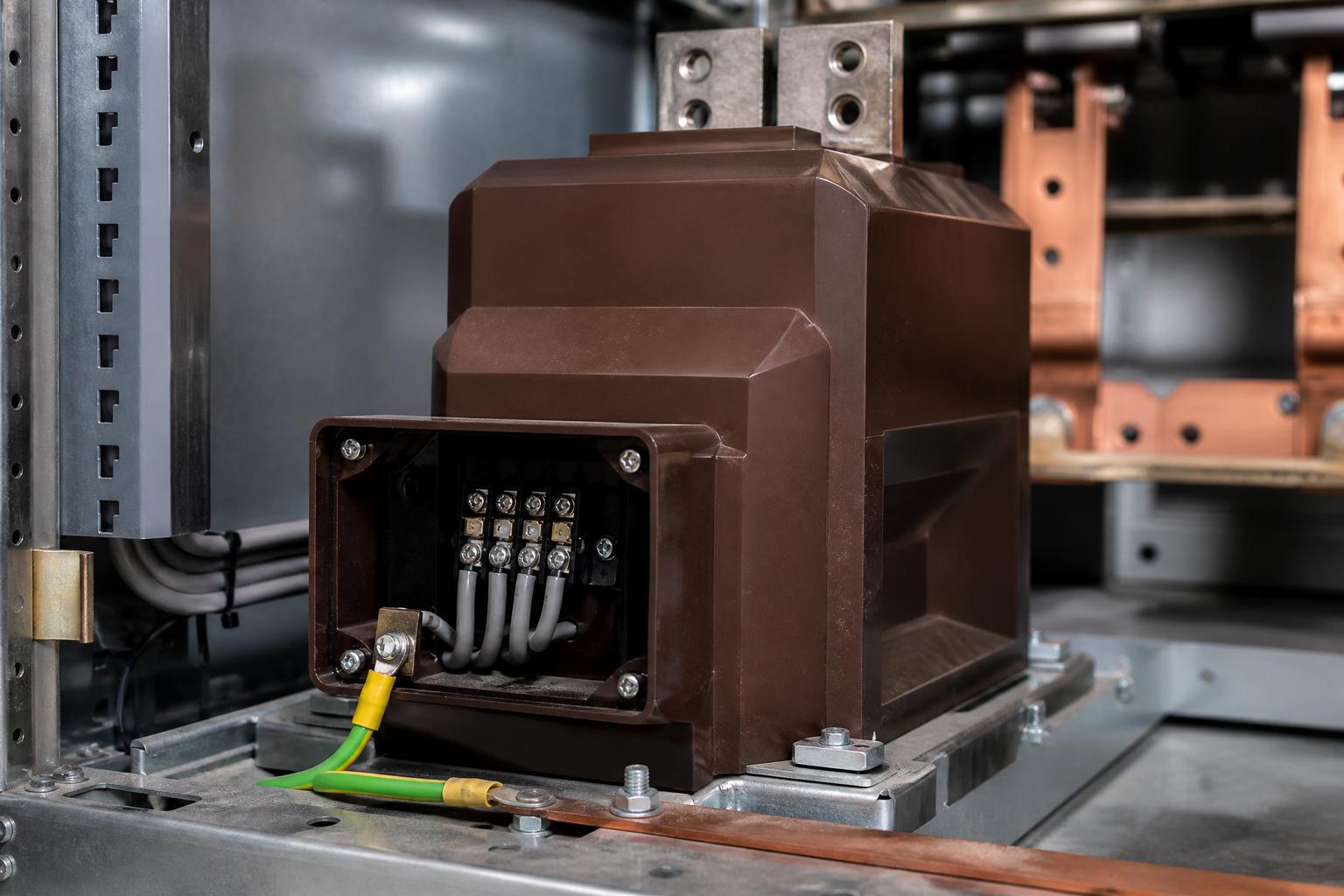 Secondary terminal box of a medium-voltage current transformer with wiring connected to the protective earth bar