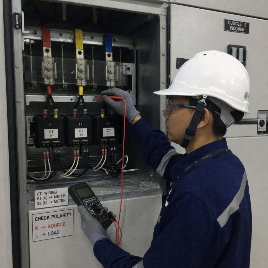 Engineer checking CT wiring and polarity inside medium-voltage switchgear
