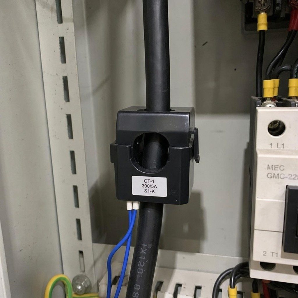 Current transformer installed around a power cable inside an electrical cabinet
