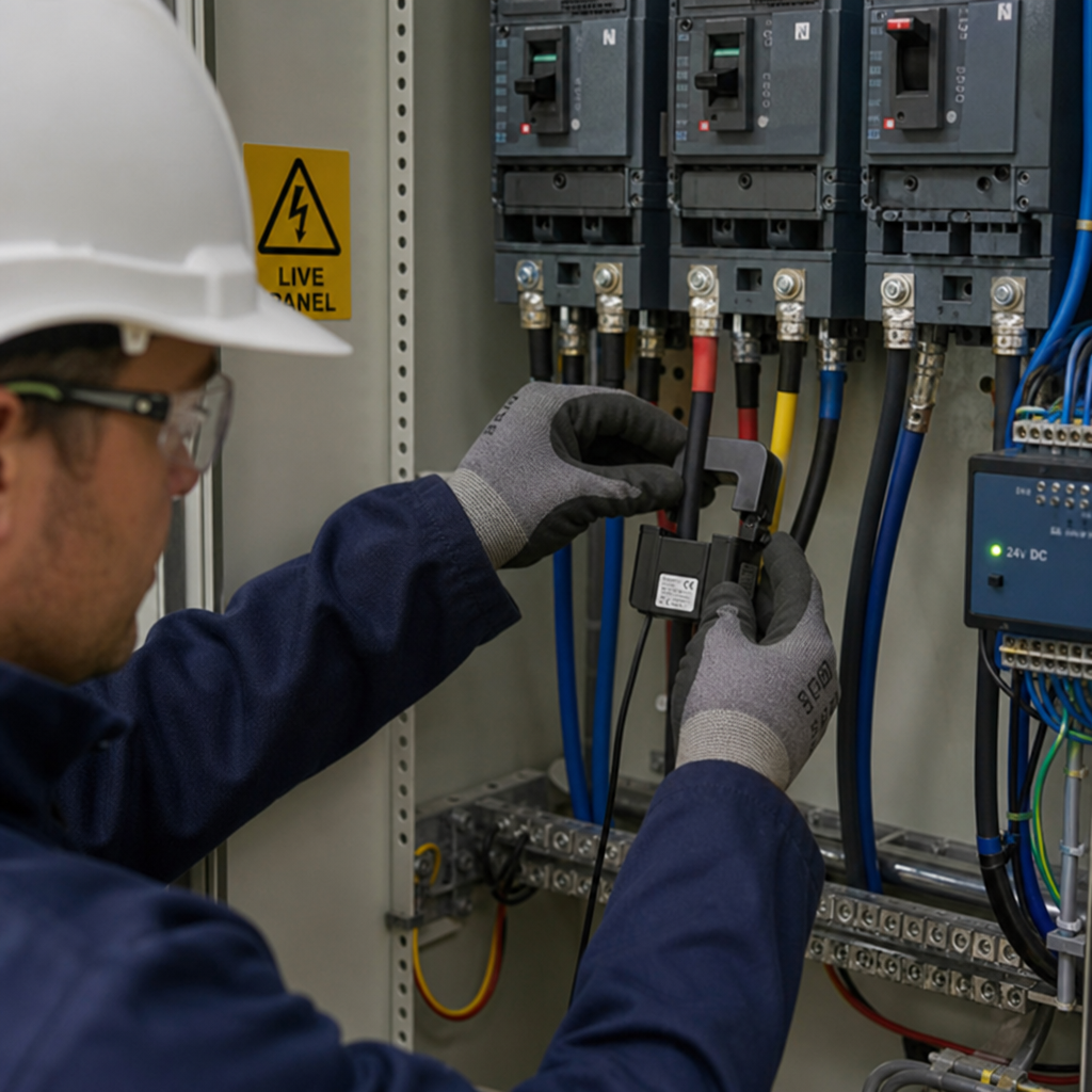 Technician fitting a CT around a cable in a live panel