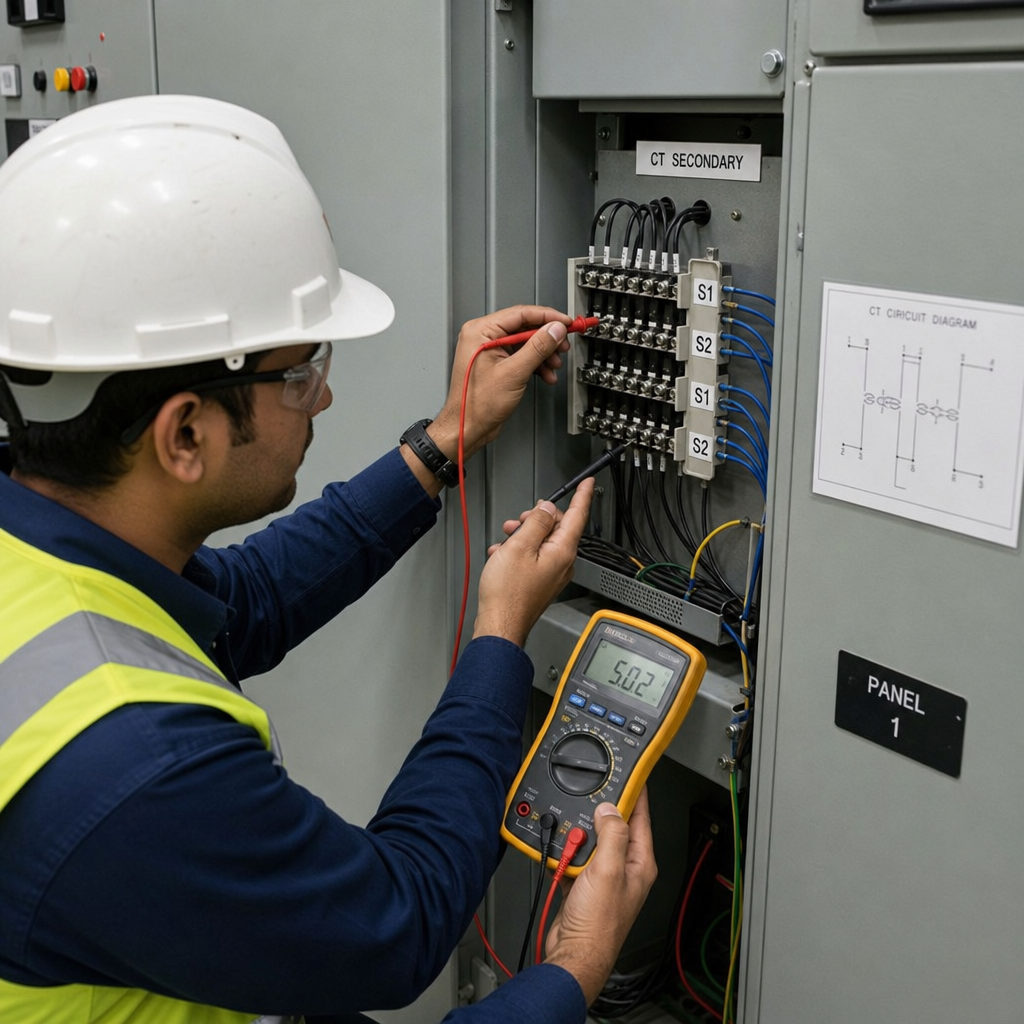 Commissioning engineer checking CT secondary terminals with a meter