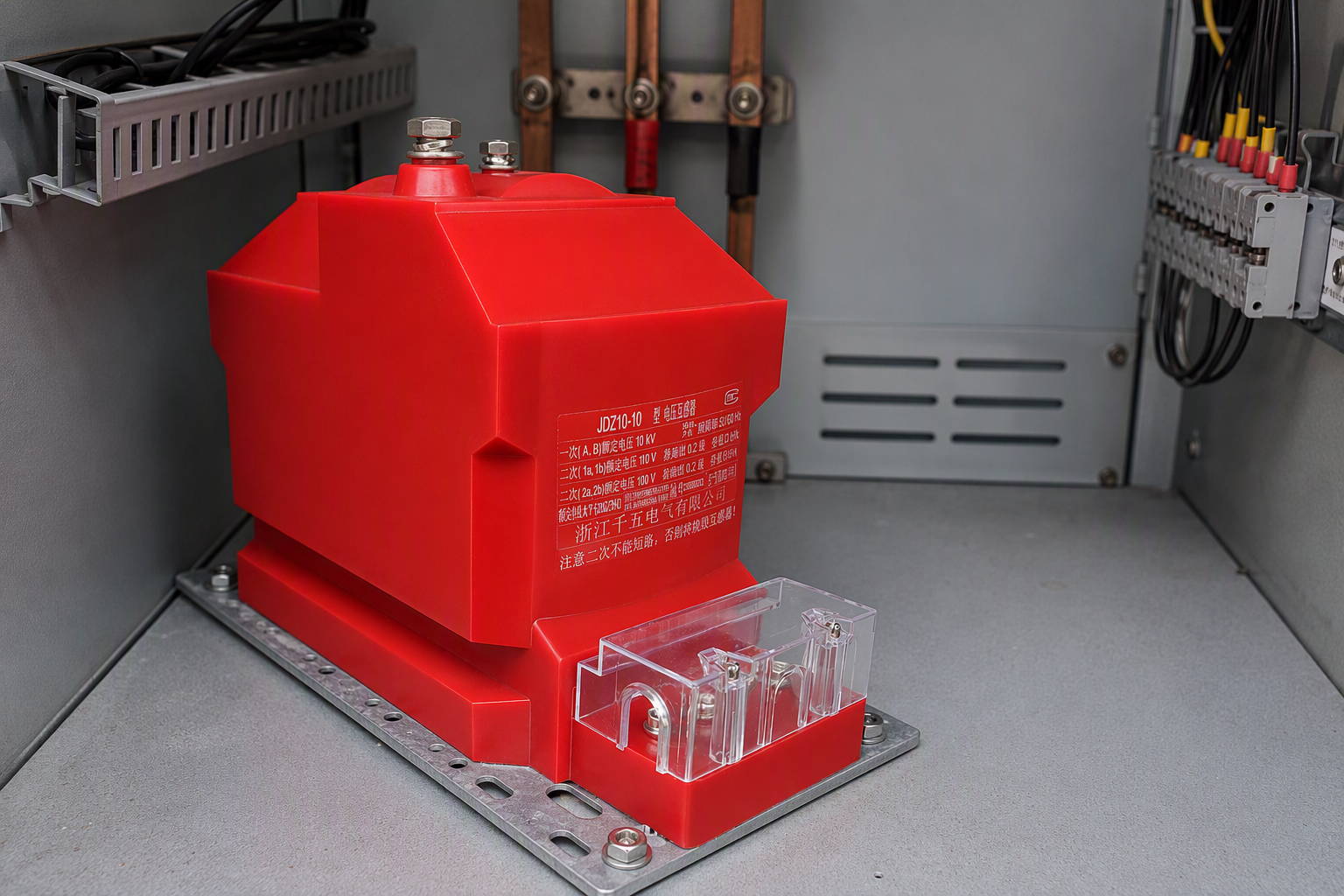Single-phase cast-resin voltage transformer installed in a medium-voltage metering compartment