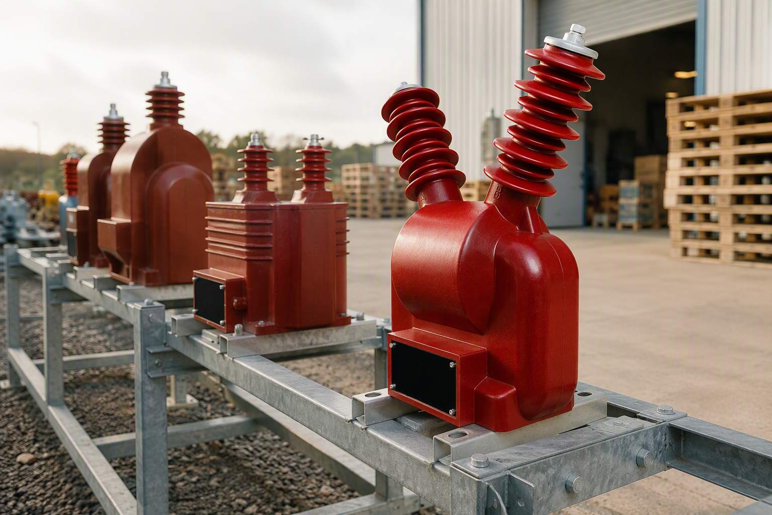 A lineup of different transformer types on a rack outside a switchgear workshop