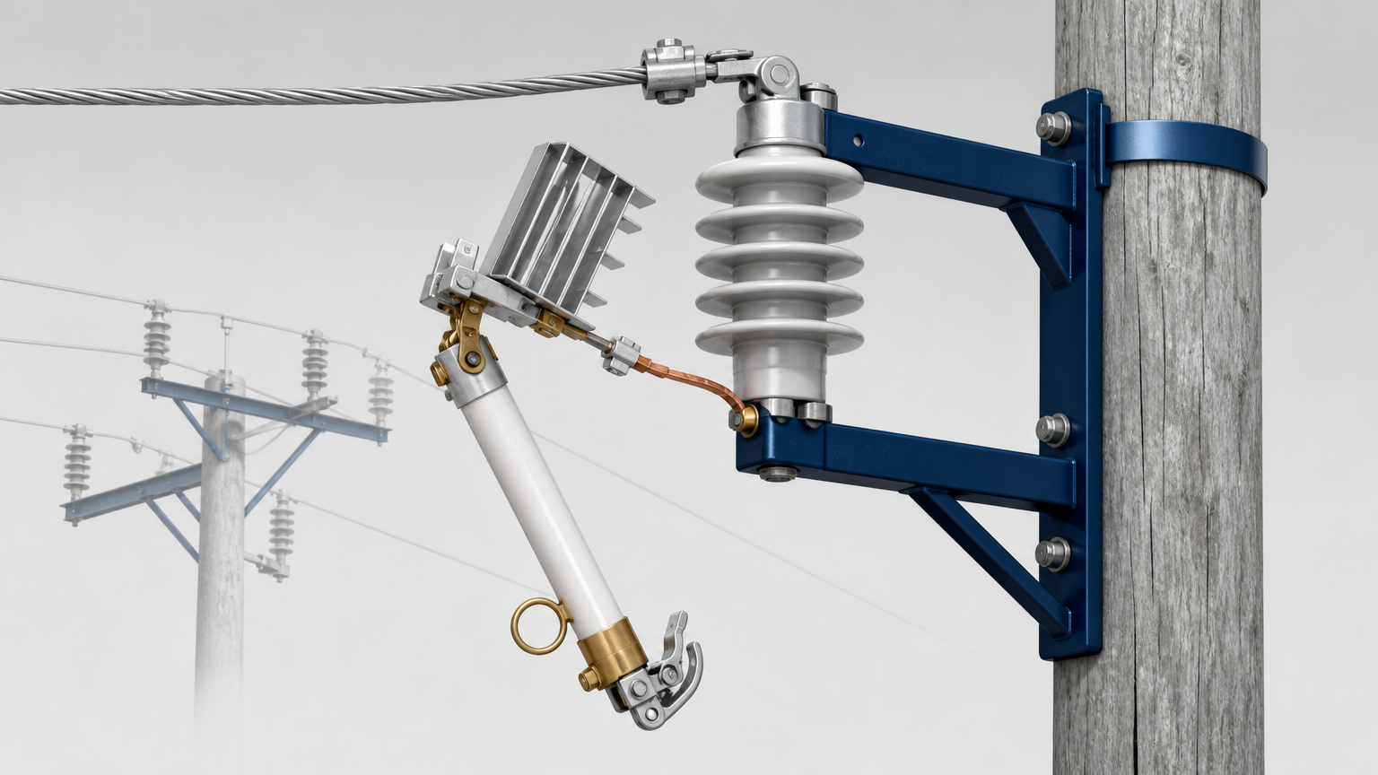Pole-mounted drop-out fuse cutout in dropped position