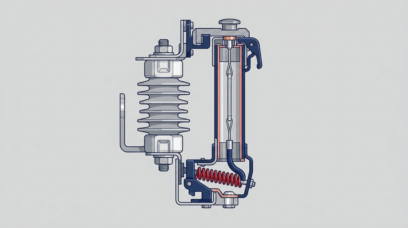Cutaway of an expulsion fuse cutout showing fuse element and arc-extinguishing tube