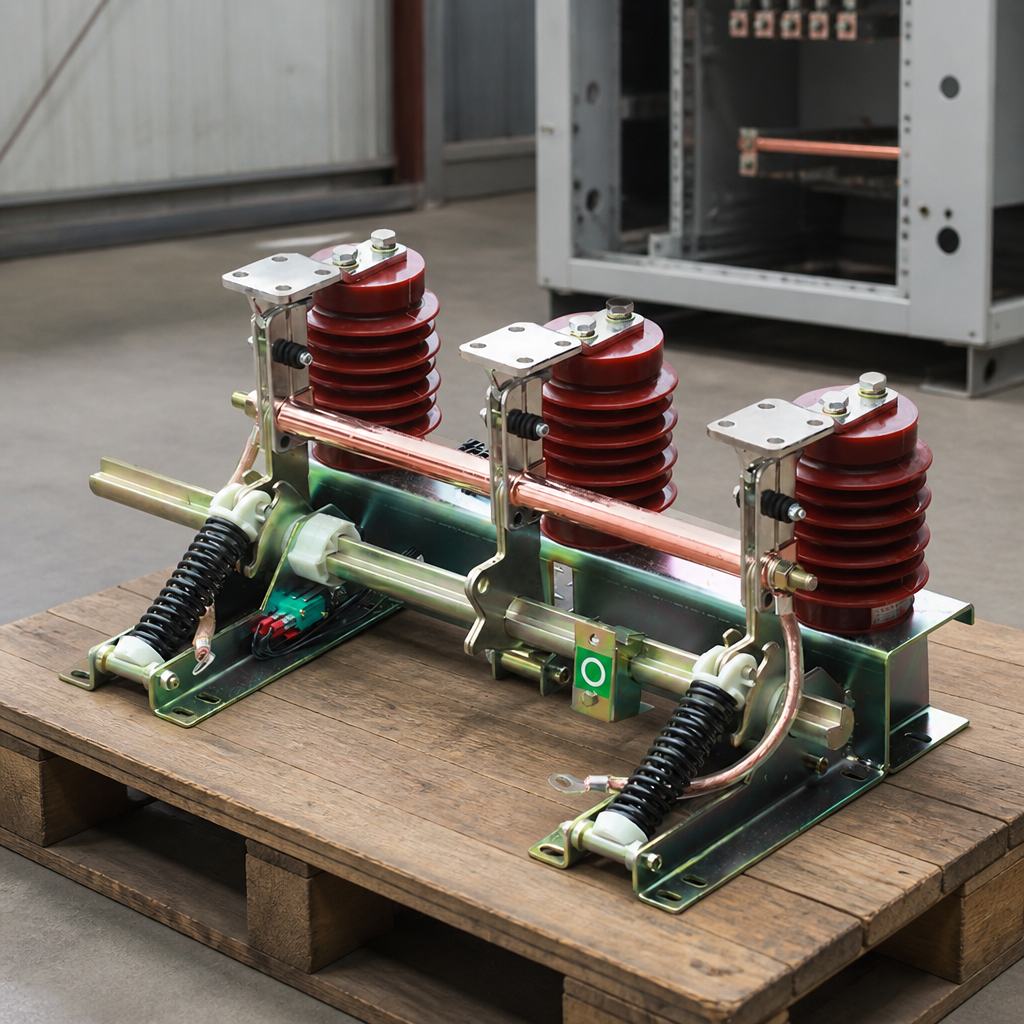 Three-pole indoor high-voltage earthing assembly with red insulators and copper busbars resting on a timber pallet in a switchgear workshop
