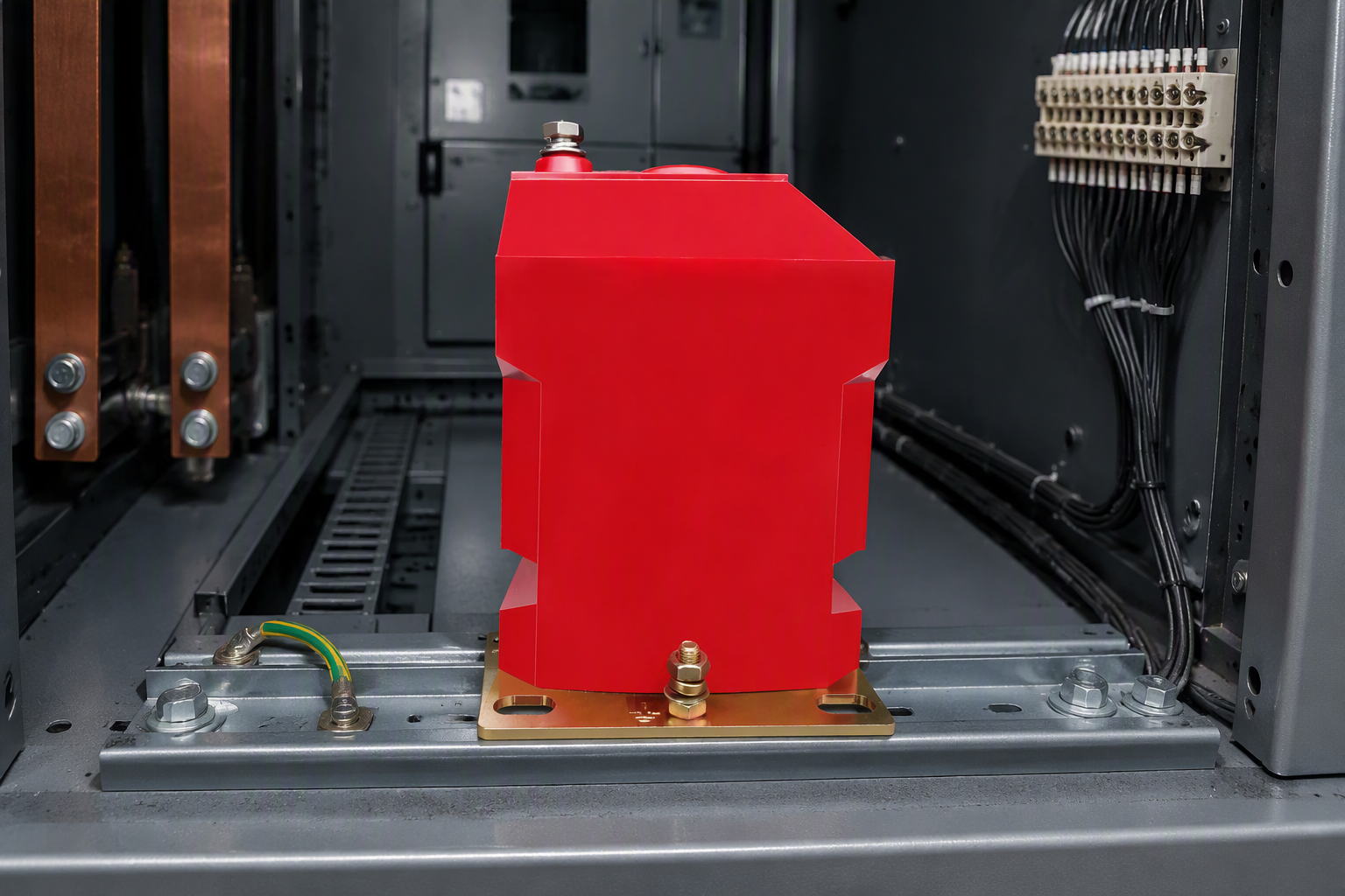 Cast-resin indoor voltage transformer bolted to the floor rail of a metal-clad switchgear compartment with copper busbars and control wiring