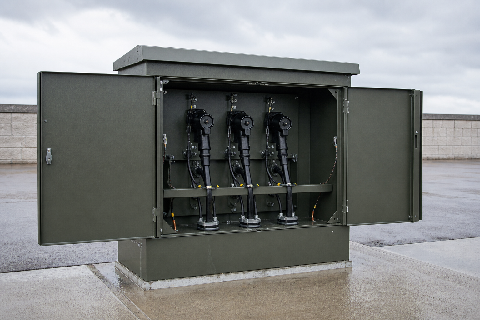 European-style cable branch box with open doors showing cable terminations