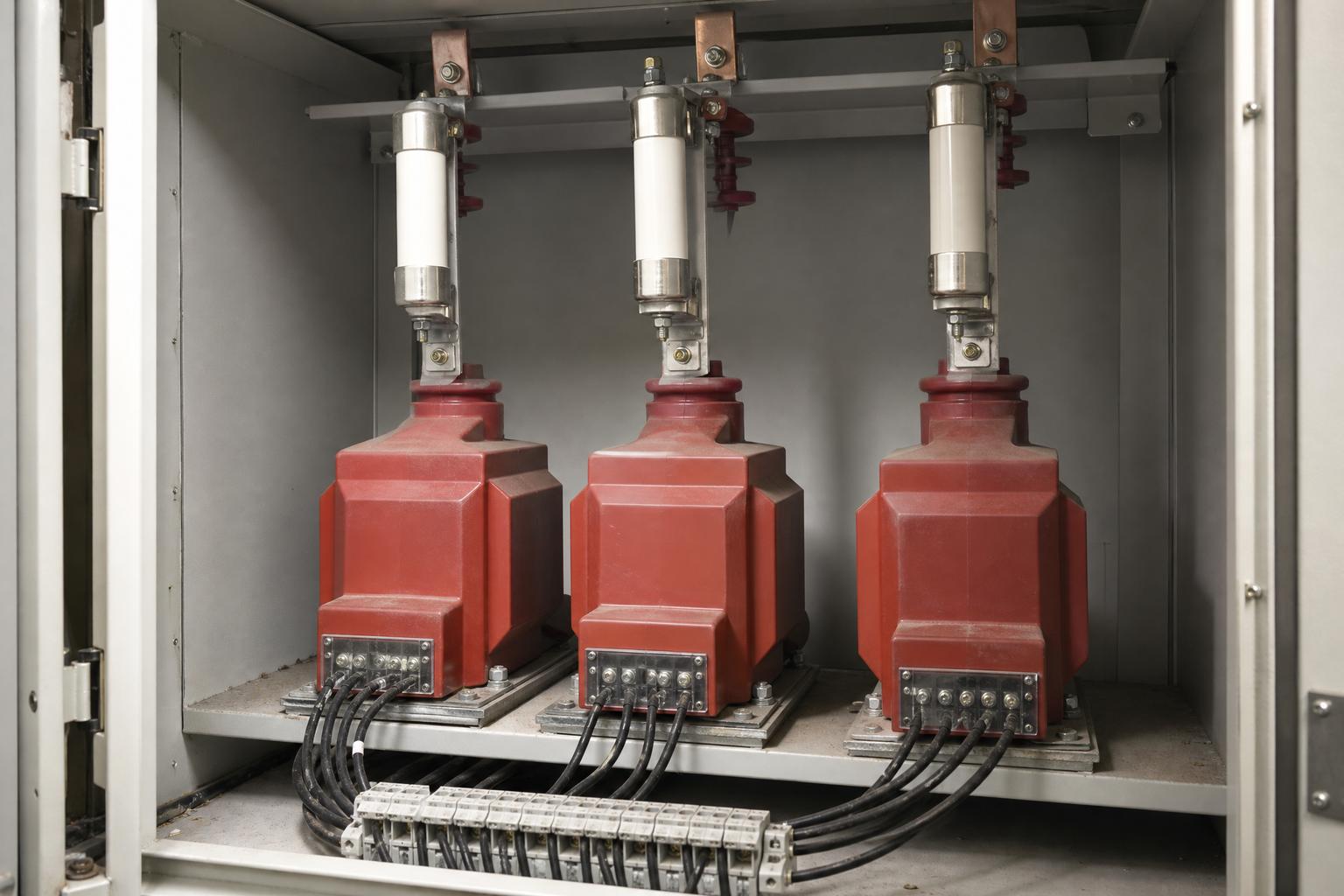 Medium-voltage voltage transformers installed in a distribution switchgear panel, with primary fuses and secondary terminal wiring visible