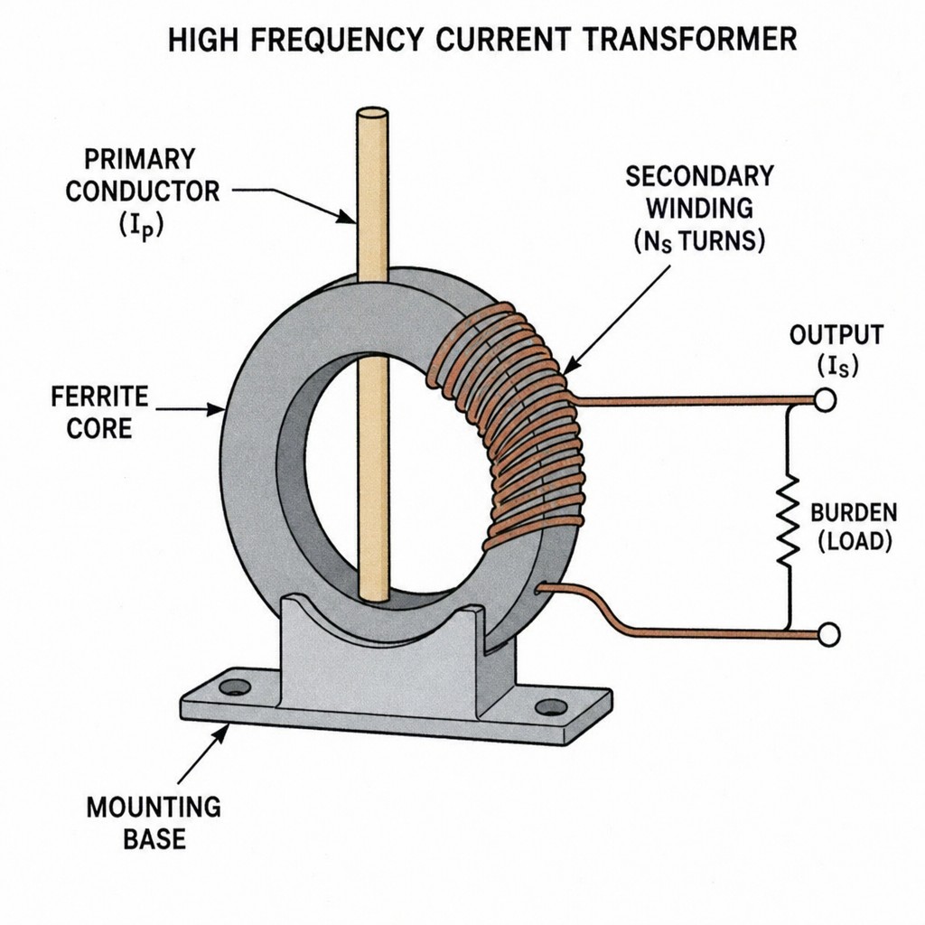 Diagram of a high frequency current transformer with labeled parts