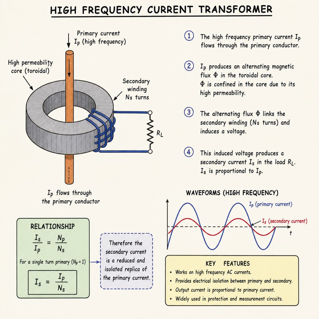 Illustration showing the working principle of a high frequency current transformer