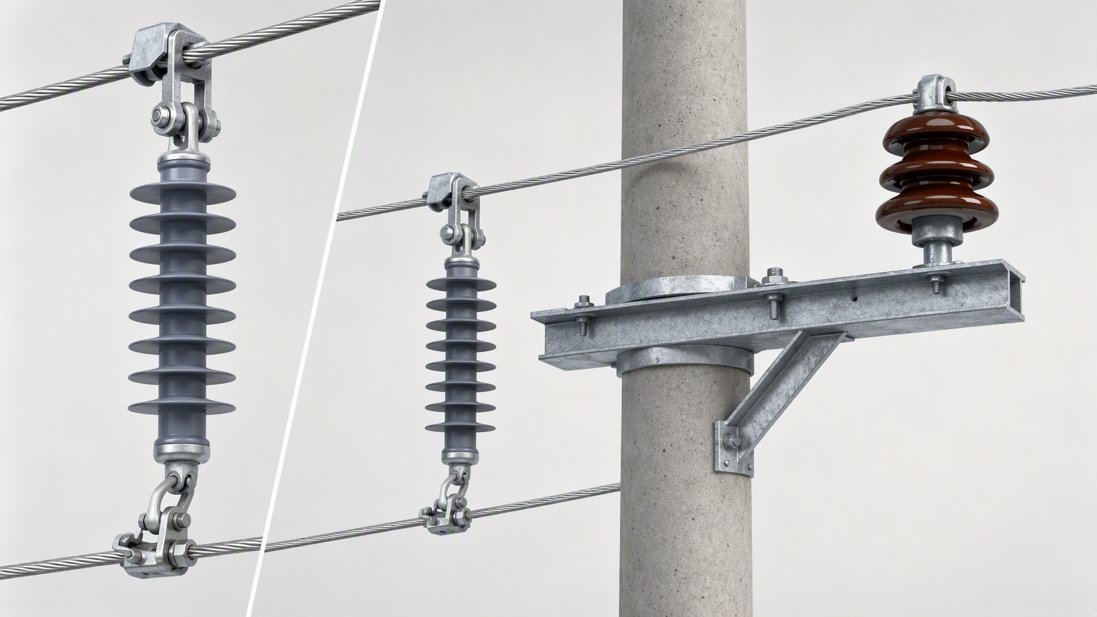 Composite and porcelain insulators on a transmission pole