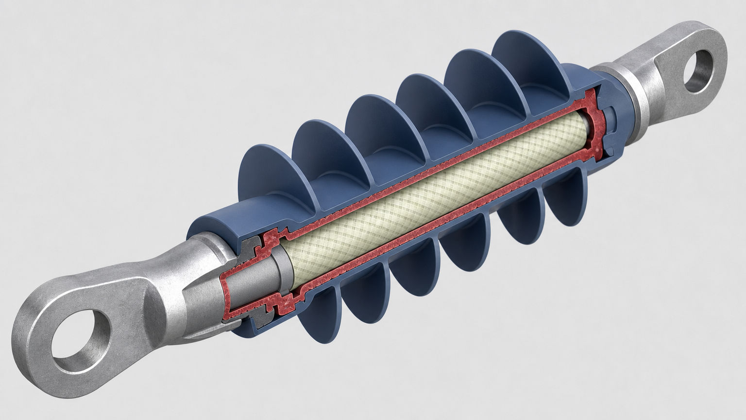 Close-up of a composite polymer insulator showing silicone sheds and core rod