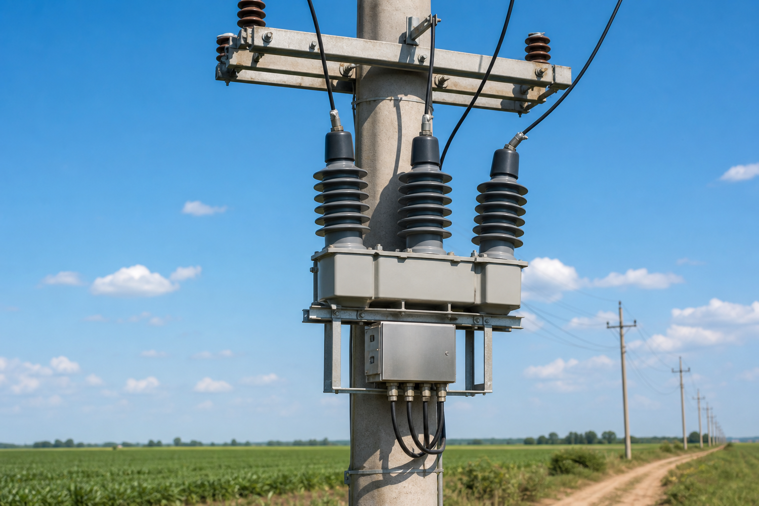 Three-phase high-voltage metering box mounted on a utility pole