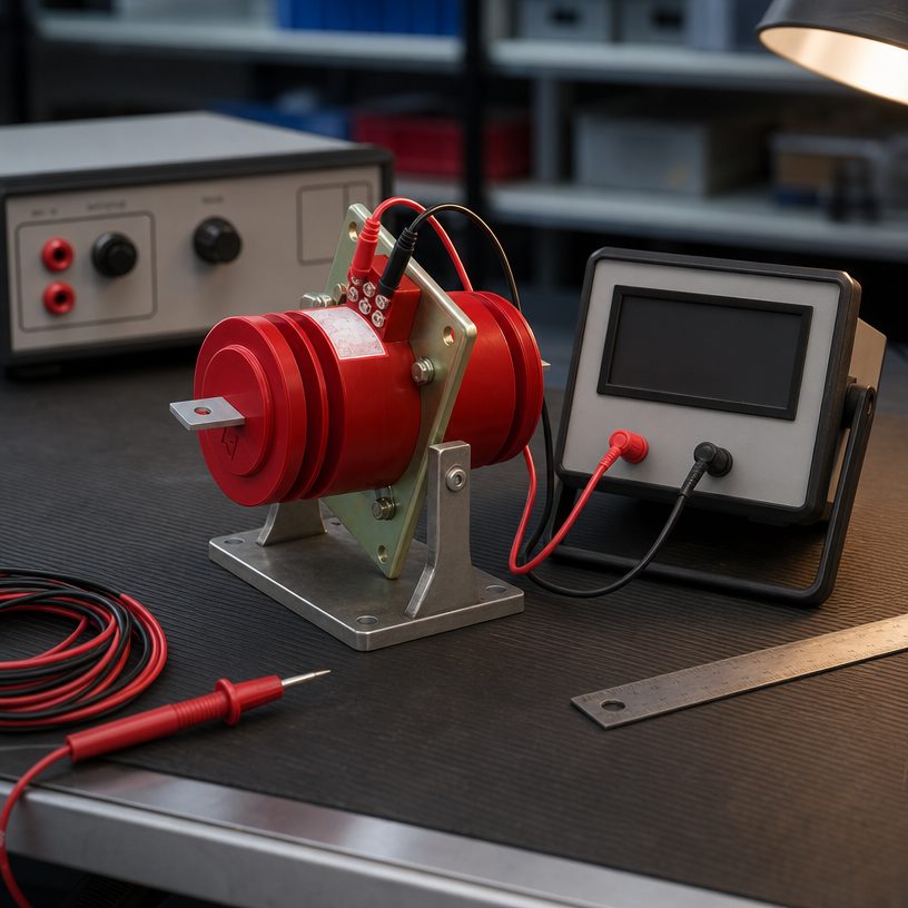 LA-10 current transformer on a commissioning bench wired to a panel meter during ratio testing