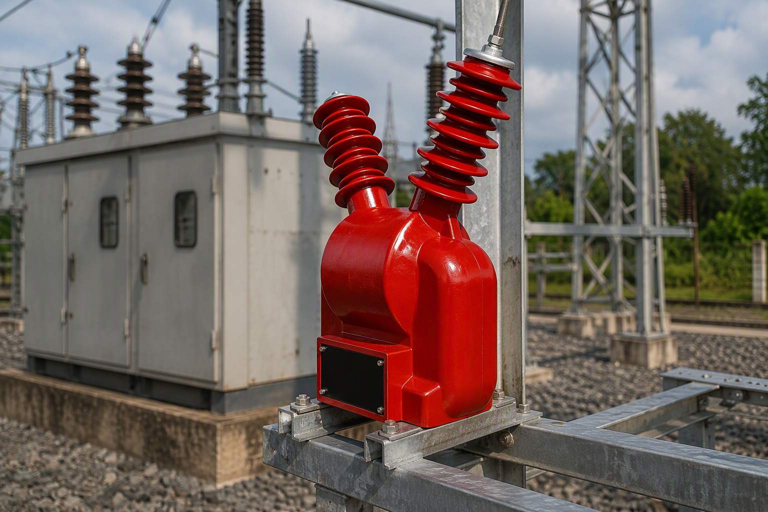 Outdoor voltage transformer installed on a steel support structure at a tropical distribution substation