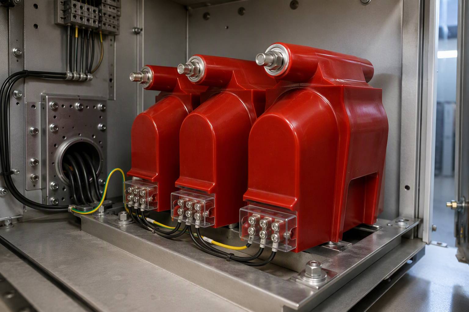 Three-phase cast-resin voltage transformer installed inside a medium-voltage switchgear compartment