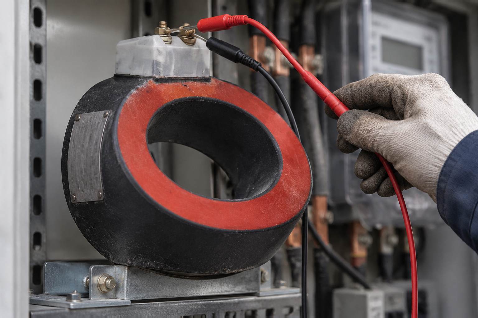 Medium-voltage metering current transformer with rating plate showing security factor Sf alongside accuracy class
