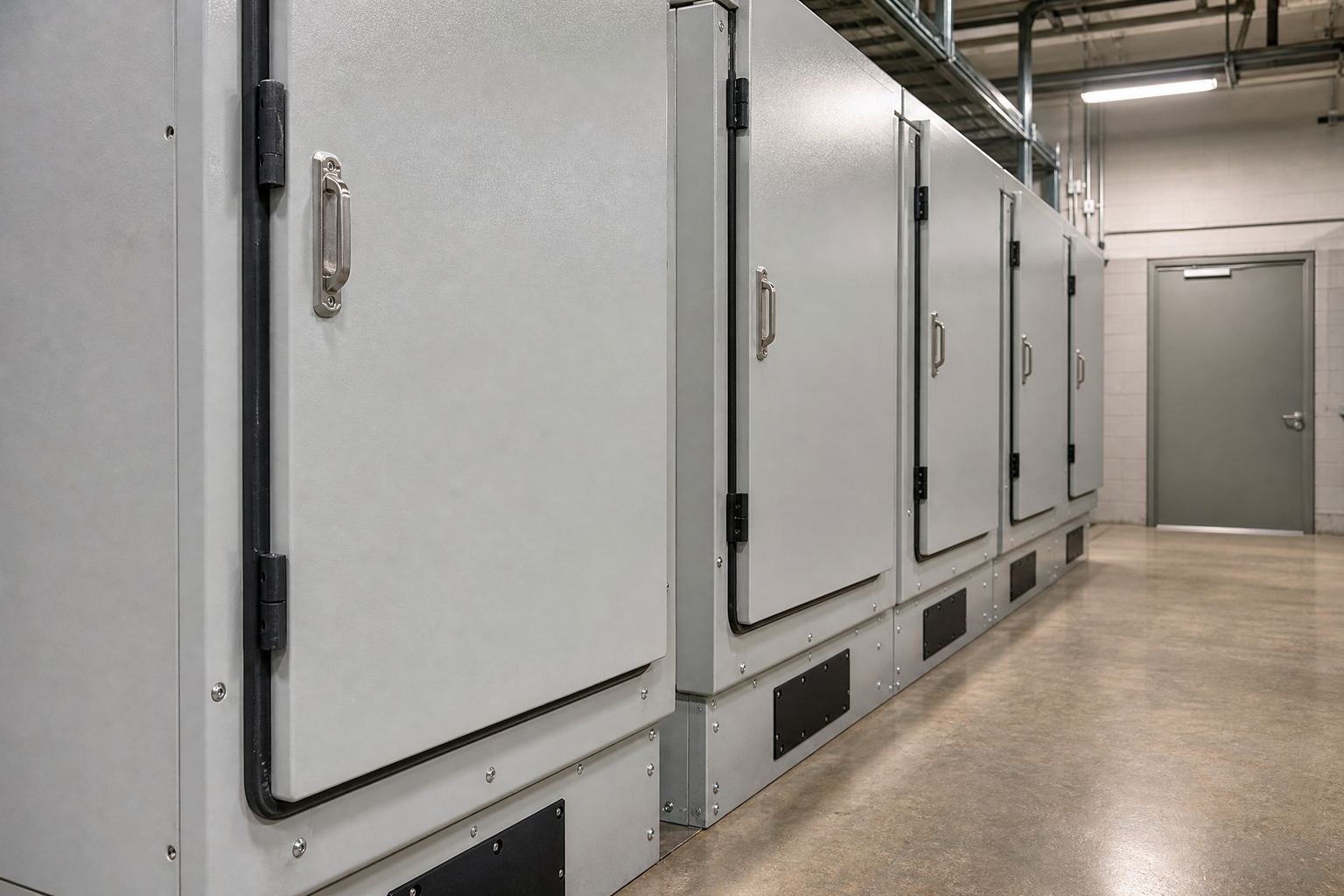 Metal-enclosed medium-voltage switchgear row with closed doors, gasketed enclosure and cable entry from below