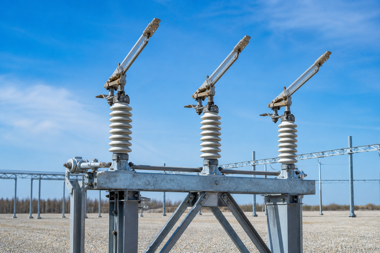 Outdoor three-phase high-voltage disconnect switch in open position