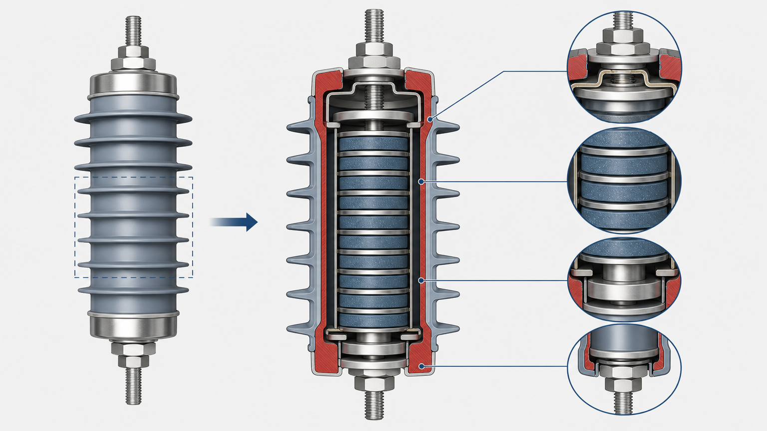 Cross-section of a metal-oxide surge arrester showing zinc-oxide discs