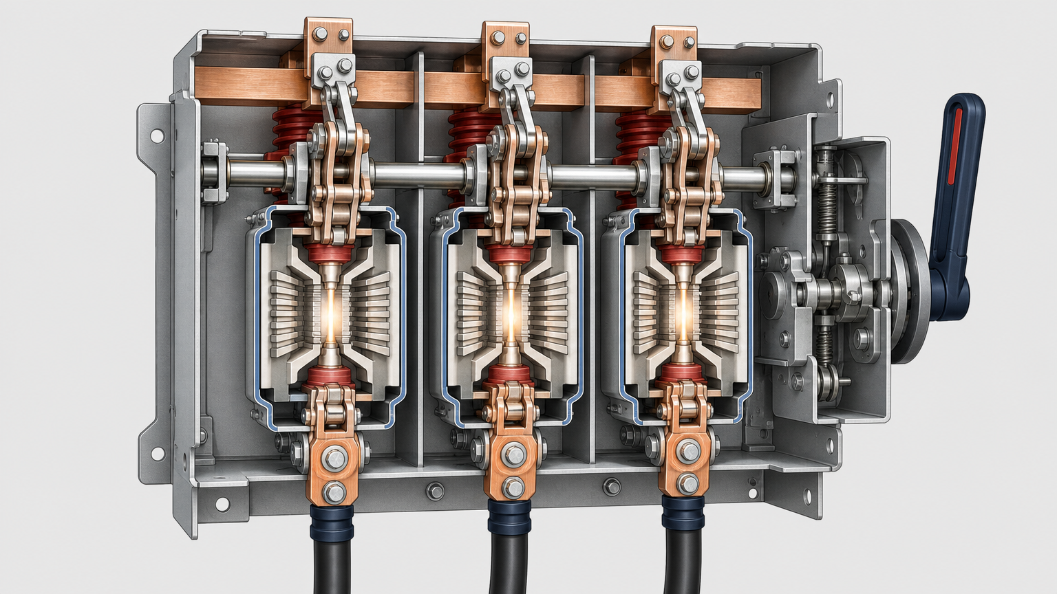 Cutaway of a three-phase load break switch showing switching chamber and busbars
