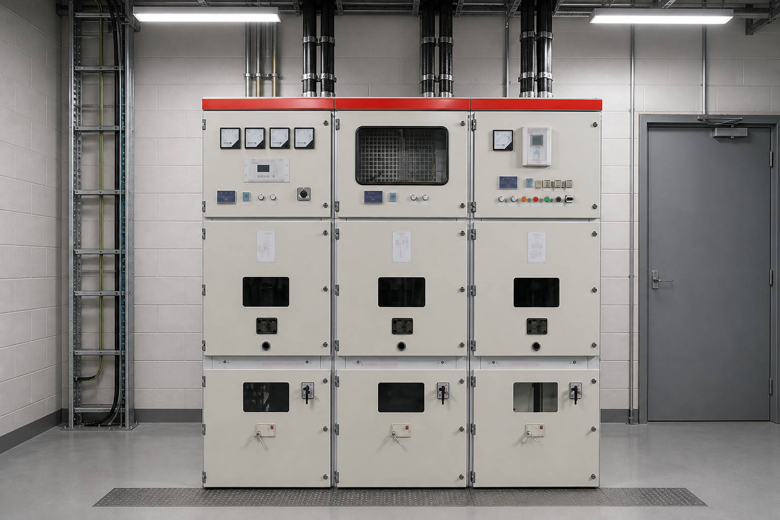 Metal-enclosed switchgear cabinets with closed doors installed in a row inside a distribution substation