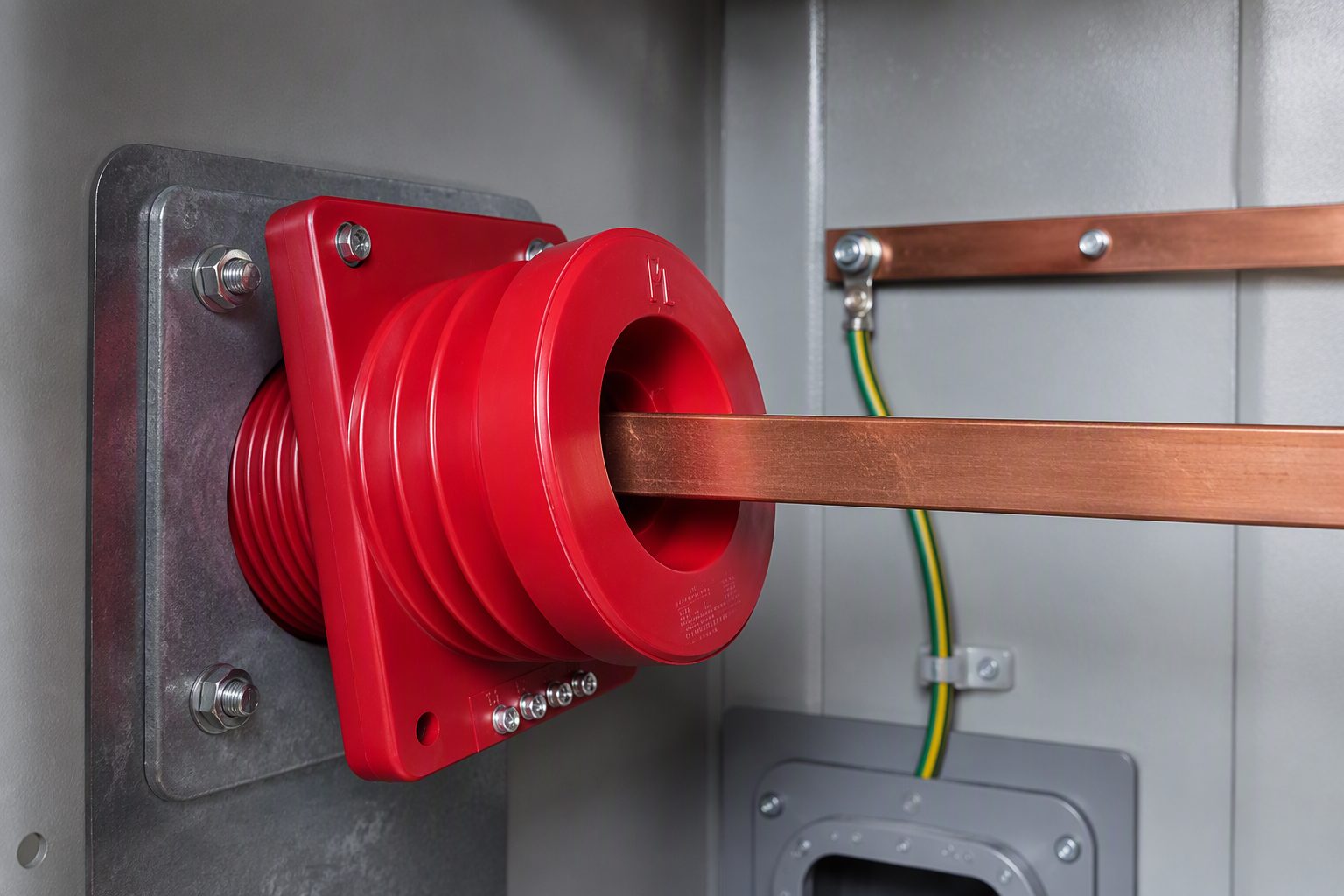 Neutral current transformer mounted on the earthed neutral link of a medium-voltage power transformer inside a substation neutral cubicle