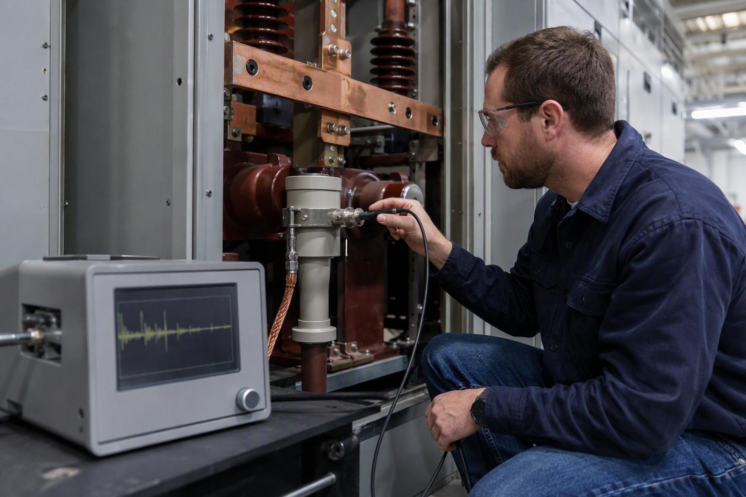 Engineer connecting a partial discharge detector and coupling capacitor to a medium-voltage switchgear panel in a test bay