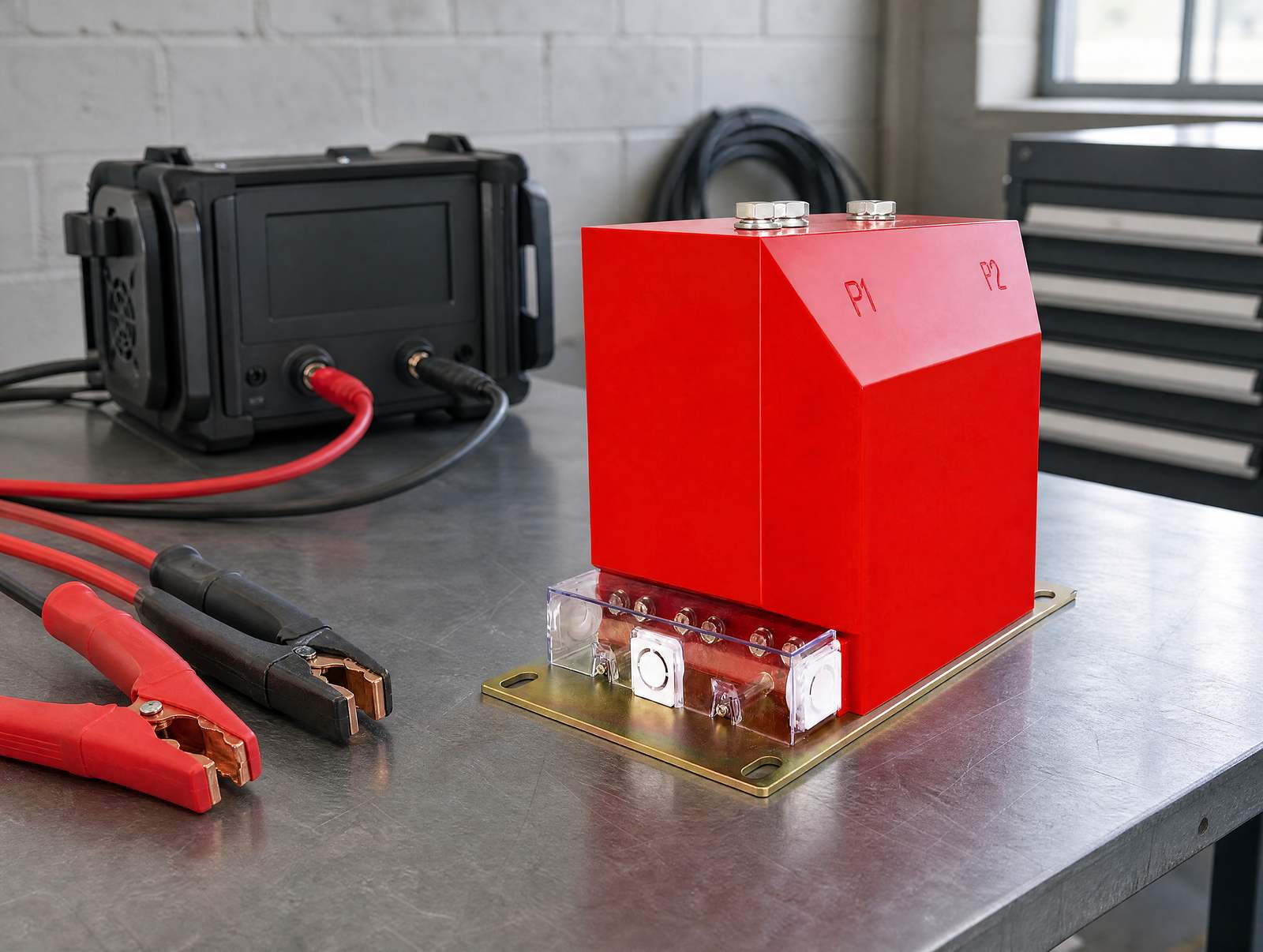 Indoor epoxy-cast current transformer on a workshop test bench with primary injection test leads and a portable current injection test set