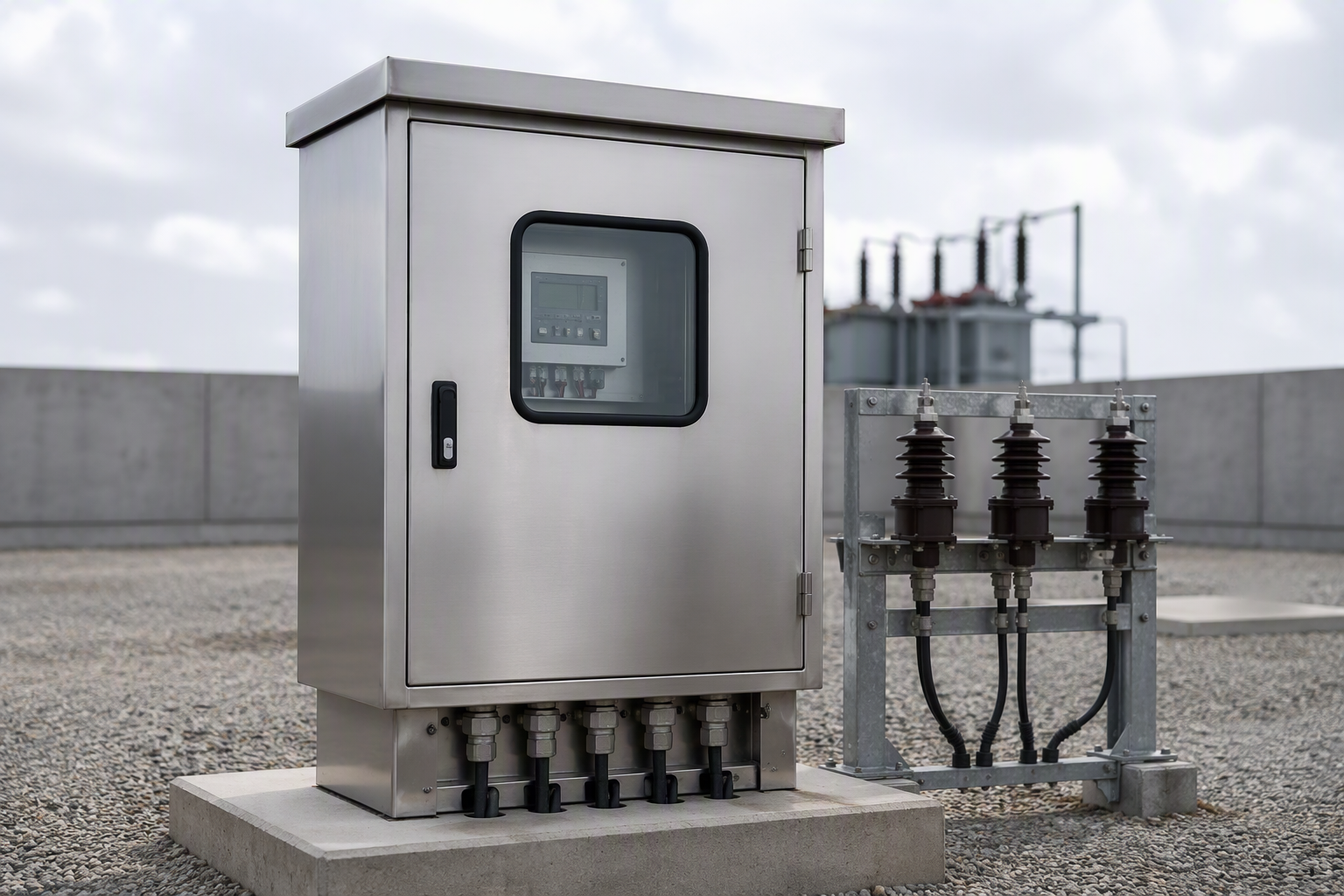 Stainless-steel outdoor metering cabinet in a substation yard