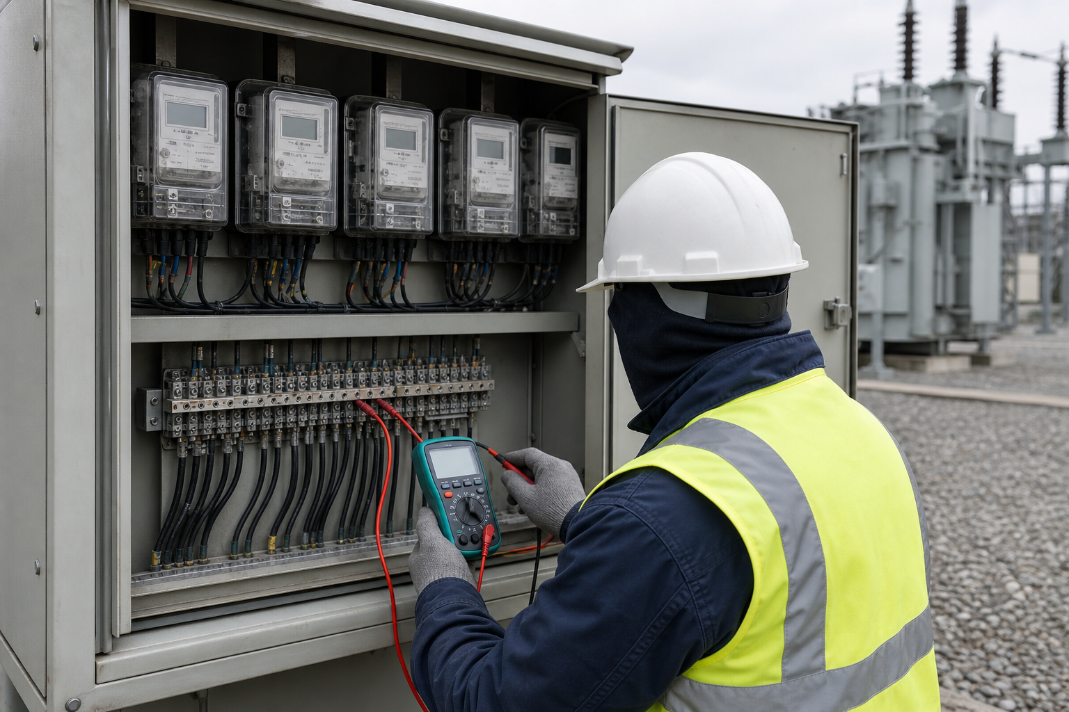 engineer verifying secondary wiring of a metering cabinet with a test set